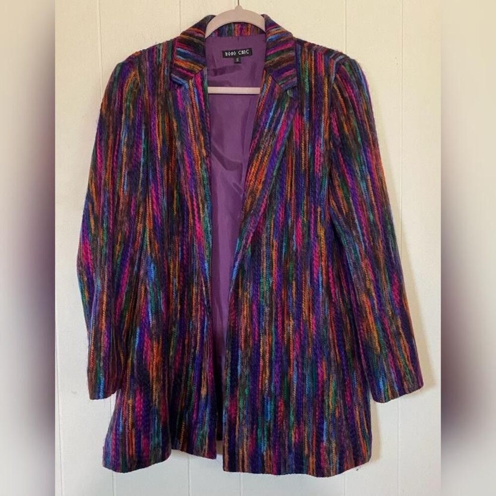 Boho Chic Blazer Women's Small Multicolor Striped Knit Open Front Lined Boho